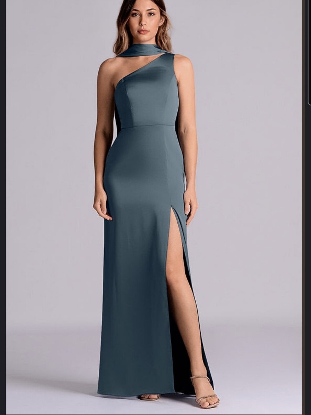 Azazie Slate Blue One-Shoulder Gown with Thigh Slit